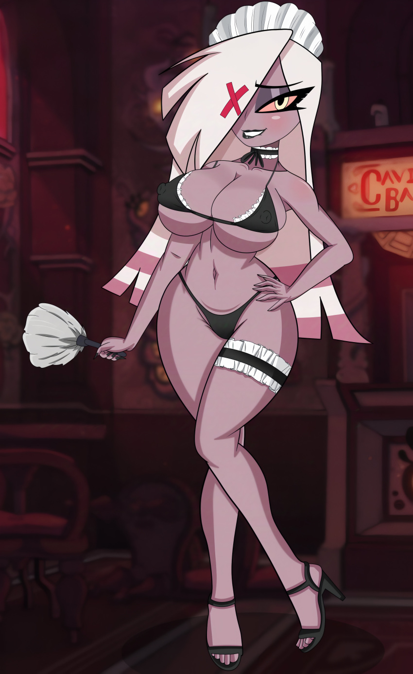 1girl big_ass big_breasts bikini hazbin_hotel lingerie long_hair maid maid_outfit platform_shoes posing raydonxd seductive sexy smile vaggie_(hazbin_hotel) white_hair