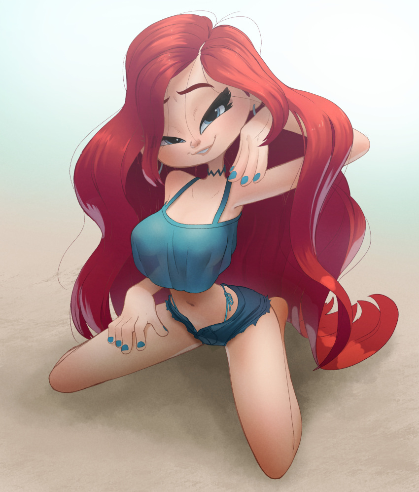 1girl 2023 2d blue_nails chelsea_(ruby_gillman) clothing female_only full_body high_resolution inkershike long_hair nail_polish red_hair ruby_gillman,_teenage_kraken siren solo_female teen teeth very_long_hair