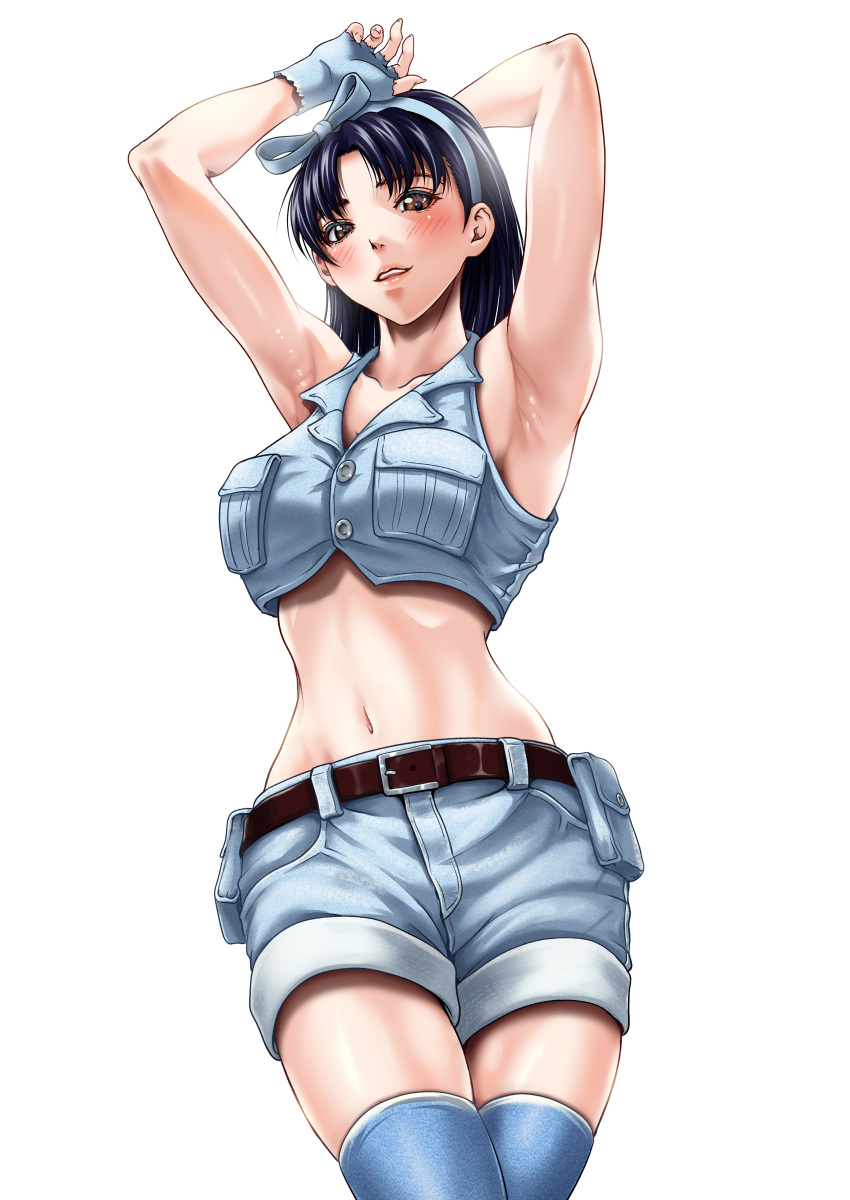 1girl 1girl alluring black_hair brown_hair fingerless_gloves hairband kazama_jun milf namco nito_(artist) shirt shorts tekken tekken_2 tekken_8 tekken_tag_tournament tekken_tag_tournament_2