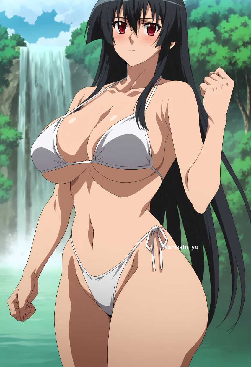 1girl accurate_art_style akame_(akame_ga_kill!) akame_ga_kill! alluring arisato_yu bare_legs big_breasts bikini black_hair cleavage jungle lake pin_up red_eyes underboob waterfall white_bikini