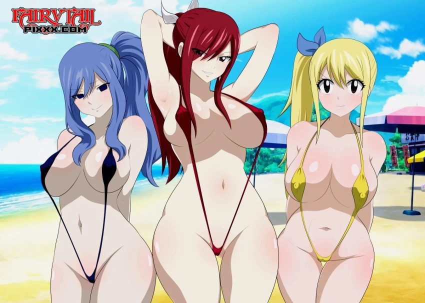 3_girls accessory adult_female arms_behind_back arms_behind_head ass beach big_ass big_breasts bikini blonde blonde_hair blue_bikini blue_eyes blue_hair blue_ribbon blue_sling_bikini blue_slingshot_swimsuit breasts brown_eyes daylight earring erza_scarlet fairy_tail fairy_tail_100_years_quest fairytailxxx female_only grin ground hands_behind_back hands_behind_head headband juvia_lockser juvia_loxar light-skinned_female light_skin looking_at_viewer lucy_heartfilia matching_hair_and_clothing ocean ponytail public red-brown_eyes red_bikini red_hair red_sling_bikini red_slingshot_swimsuit redhead renchi revealing_bikini revealing_clothes revealing_clothing revealing_outfit revealing_swimsuit sand shounen_jump sling_bikini slingshot_swimsuit slutty_outfit smile smiling_at_viewer swimsuit teenage_girl teenager tree trees umbrella water white_ribbon wide_hips yellow_bikini yellow_hair yellow_sling_bikini yellow_slingshot_swimsuit