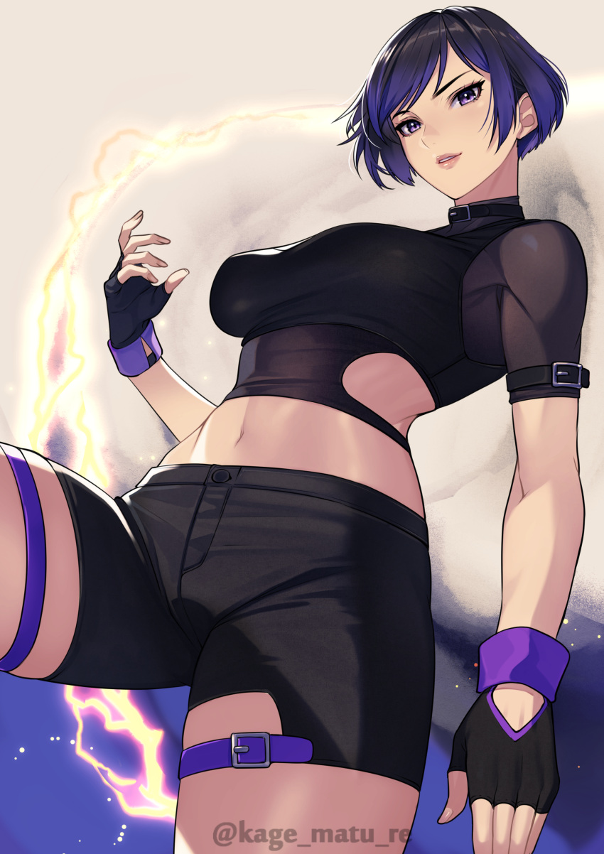 1girl absurd_res alluring athletic_female black_and_purple_hair electricity fingerless_gloves fit_female gloves high_res kage_matu_re kagematsuri looking_at_viewer midriff multicolored_hair namco navel purple_eyes purple_hair reina_(tekken) short_hair shorts tekken tekken_8 thick_thighs thigh_strap thighs twitter_username