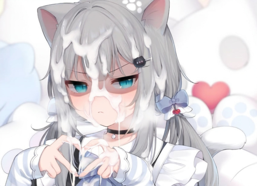 1girl 1girl animal_ears blue_eyes cum facial grey_hair nachoneko virtual_youtuber