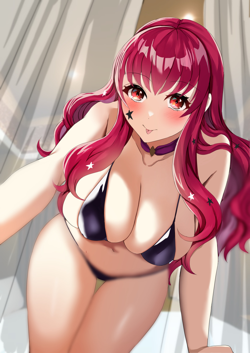 1girl 1girl 1girl :p alluring alternate_costume bare_arms bare_shoulders big_breasts bikini black_bikini black_swimsuit blush choker cleavage commentary_request curtains female_only fire_emblem fire_emblem_engage high_res long_hair looking_at_viewer navel nintendo purple_choker red_eyes red_hair sidelocks stomach swimsuit tara_(szzj7733) thighs tongue tongue_out very_long_hair yunaka_(fire_emblem)