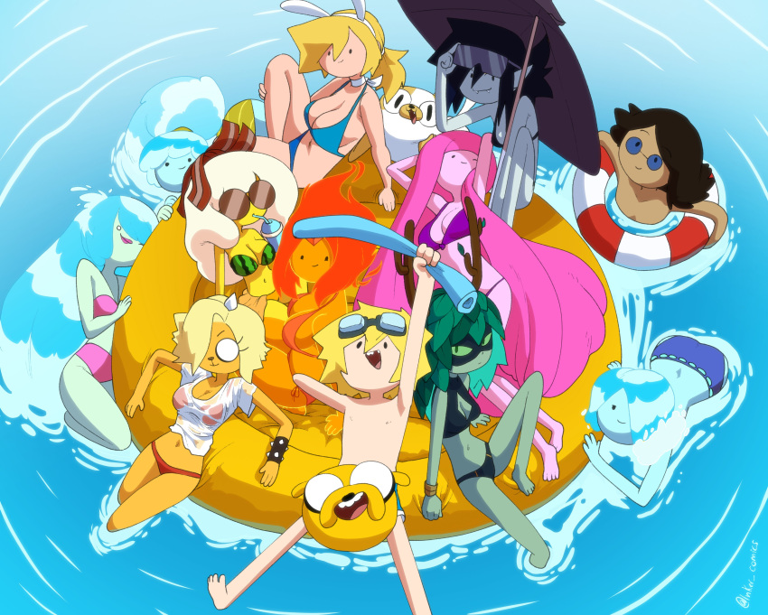 11girls 1girl 3boys 6+girls accurate_art_style adventure_time bikini black_bikini blonde_hair blue_bikini blue_skin breakfast_princess bronwyn cake_the_cat cartoon_network cat cleavage_cutout clothing curvy_female dark_skin denise_(adventure_time) dog domino_mask eyewear facing_viewer finn_the_human fionna_the_human fionna_the_human_girl fire_hair flame_princess green_skin hair_over_one_eye headwear human huntress_wizard inker_comics inkershike jake_the_dog knee_up leaf_hair looking_at_viewer male marceline medium_breasts multiple_girls orange_bikini orange_skin pale_skin partially_submerged pink_bikini pink_hair pink_skin princess_bubblegum purple_bikini shapeshifter simon_petrikov smile swimsuit swimwear tagme umbrella vampire water_hair water_nymph watermelon_print wet wet_clothes wet_shirt wholesome