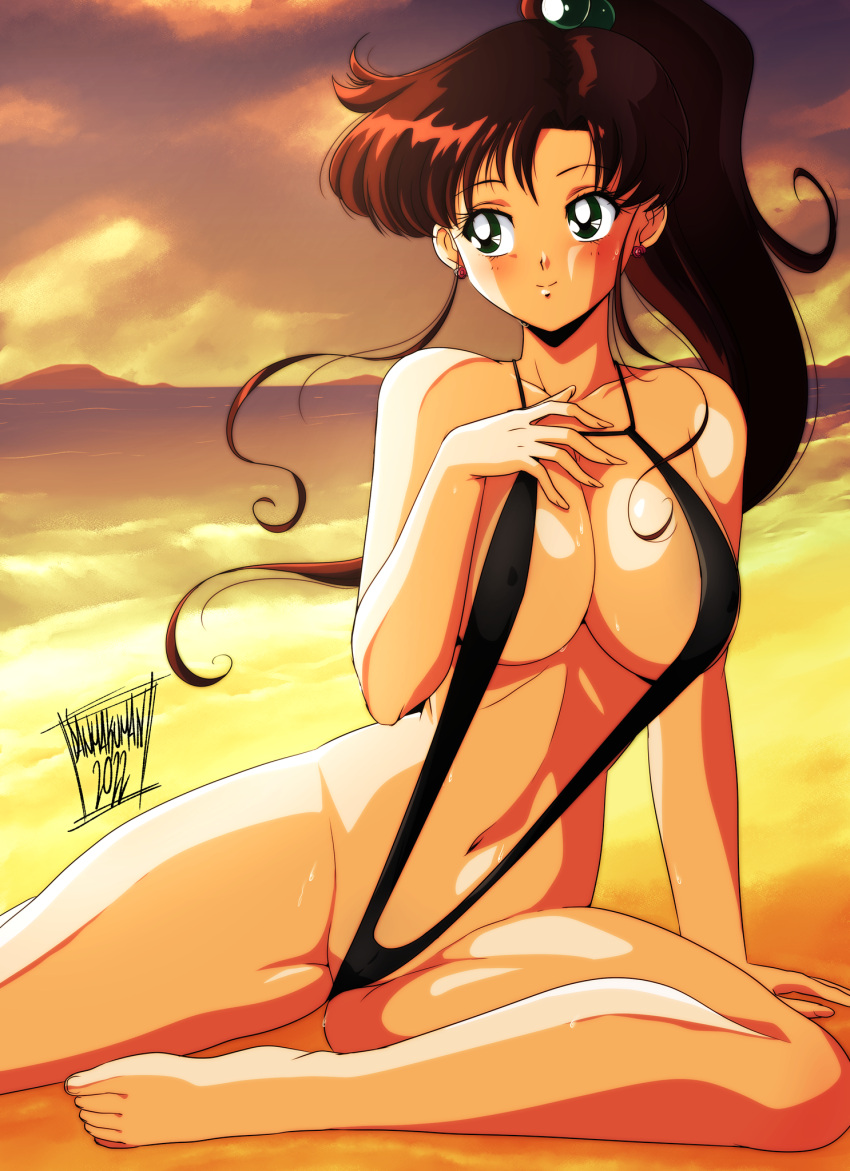 1girl absurd_res alluring alternate_version_available arm_support bare_legs big_breasts bishoujo_senshi_sailor_moon blush brown_hair danmakuman green_eyes hair_ornament high_res hourglass_figure long_hair looking_at_viewer makoto_kino medium_breasts navel parted_lips ponytail sailor_jupiter sidelocks signature sling_bikini slingshot_bikini slingshot_swimsuit tied_hair wide_hips