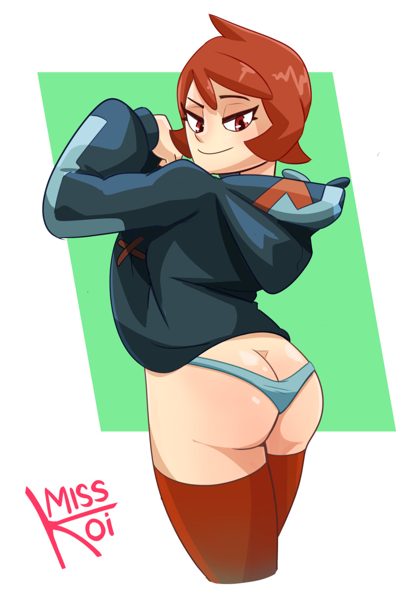 1girl arezu_(pokemon) ass ass_cleavage back_view butt_crack butt_focus cute looking_back misskoi pokegirl pokemon pokemon_legends:_arceus red_hair