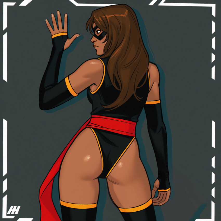 ai_generated armwear brown_hair dark-skinned_female kamala_khan long_hair marvel mask masked_female ms._marvel muslim_female older older_female one-piece_swimsuit pakistani_female sash stockings superheroine young_adult young_adult_female young_adult_woman