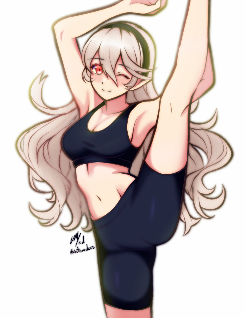 1girl 1girl ;) alluring alternate_costume black_hairband cleavage commission corrin_(fire_emblem) corrin_(fire_emblem)_(female) fire_emblem fire_emblem_fates flexibility grey_hair hair_between_eyes hairband high_kicking kick ko-fi_commission leg_lift long_hair looking_at_viewer medium_breasts nintendo one_eye_closed pointy_ears red_eyes rotomdocs sideboob smile split split_kick sportswear standing standing_on_one_leg standing_split