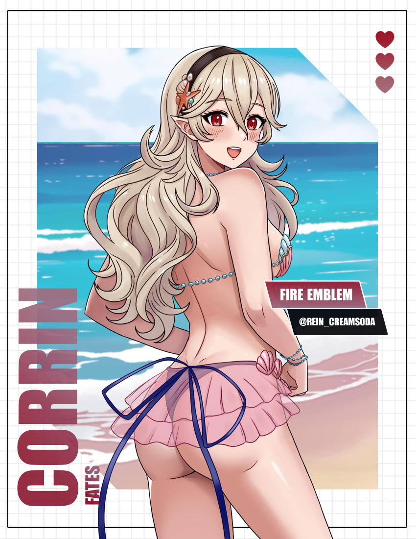 1girl alluring bare_legs big_breasts bikini corrin_(fire_emblem) corrin_(fire_emblem)_(female) corrin_(summer)_(fire_emblem)_(female) female_only fire_emblem fire_emblem_fates fire_emblem_heroes human light-skinned_female light_skin magenta_eyes nintendo pin_up rein_creamsoda seashell_bikini shell_bikini silver_hair