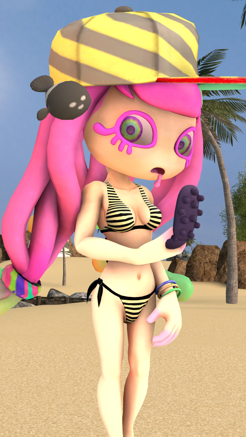 3d_(artwork) beach_background bikini demon_lord_black_rose harmony_(splatoon) headwear phone sea_anemone sfm splatoon splatoon_(series) splatoon_2 splatoon_3