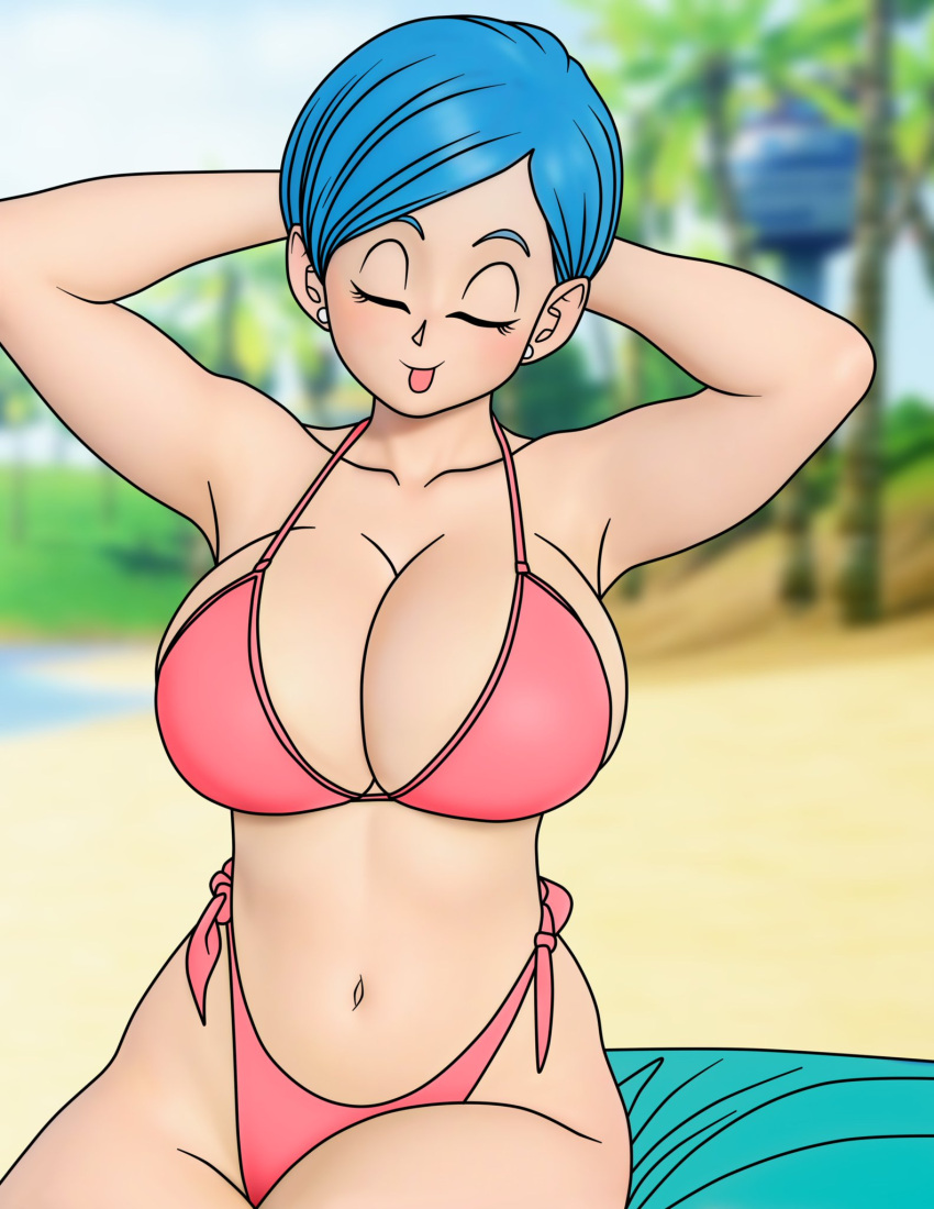 armpits beach big_breasts bikini blue_hair breasts bulma_brief dragon_ball dragon_ball_super earrings female_pervert panties pervert pink_bikini pink_panties public_indecency sex_invitation sexually_suggestive short_hair