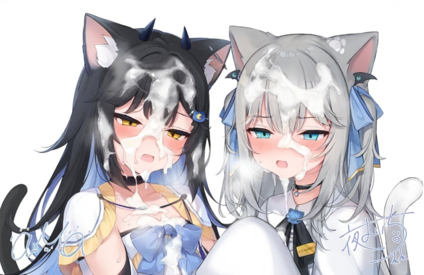 2_girls black_hair blue_eyes cum facial grey_hair nachoneko yellow_eyes yoru_yoichi