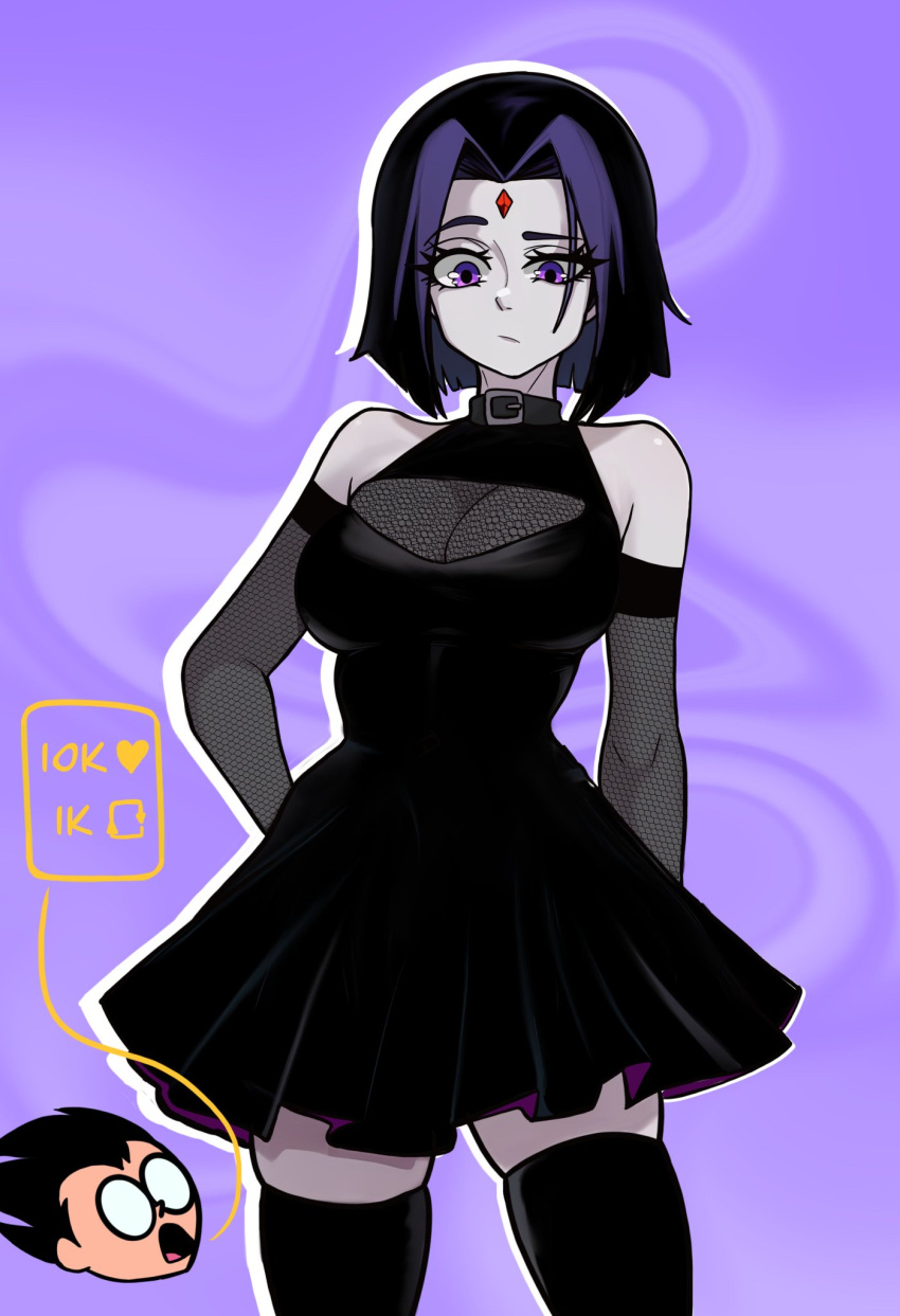 1boy 1girl black_hair e-girl goth goth_girl gothic medium_hair miniskirt older older_female raven_(dc) short_hair skirt teen_titans young_adult young_adult_female young_adult_woman