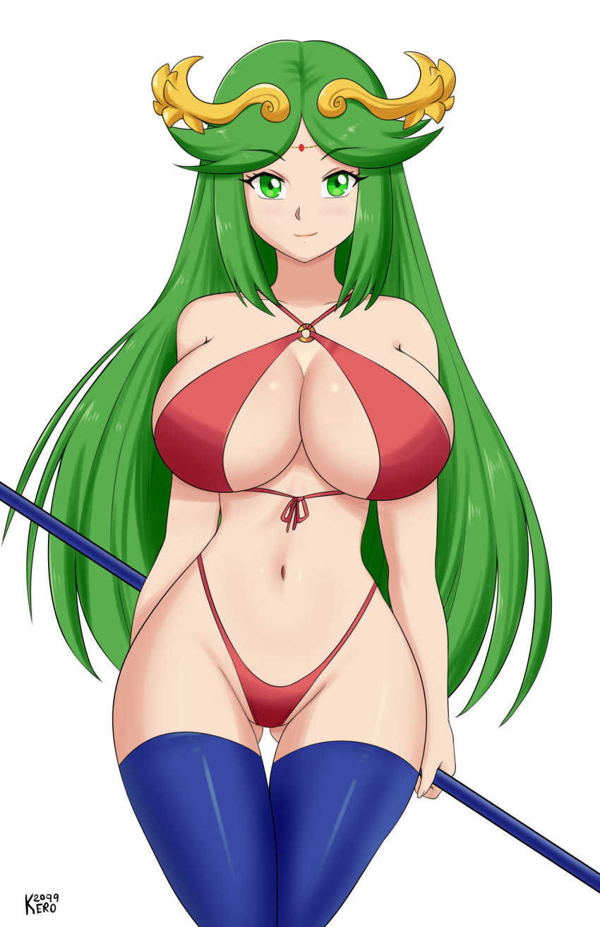 1girl alluring big_breasts cleavage female_only green_eyes green_hair gummslime kid_icarus looking_at_viewer nintendo palutena