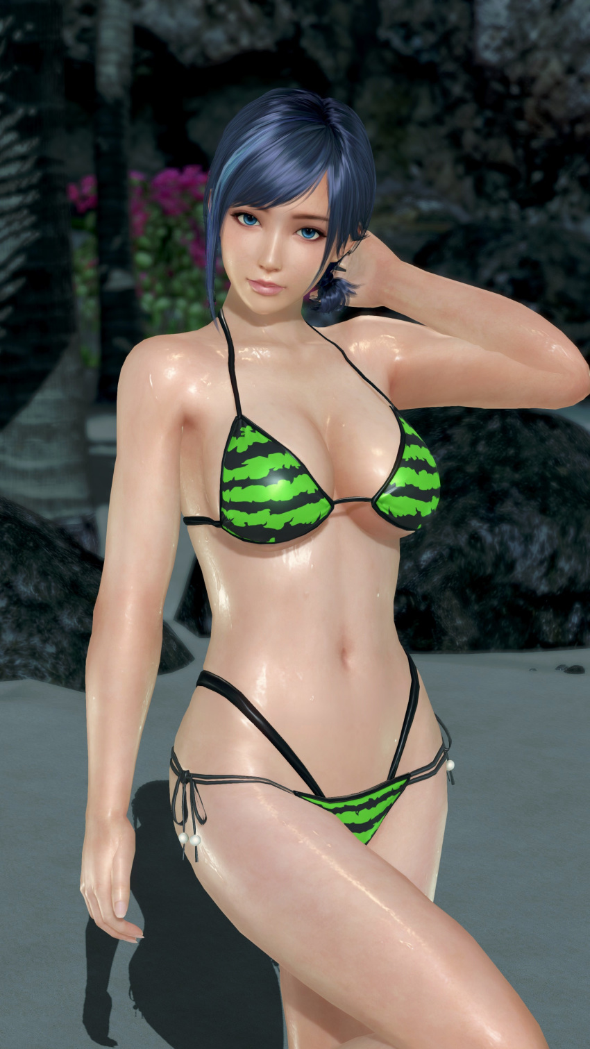 1girl alluring bare_legs beach big_breasts black_and_blue_hair cleavage dead_or_alive dead_or_alive_xtreme_venus_vacation night pin_up posing reika_(doa) tecmo watermelon_bikini