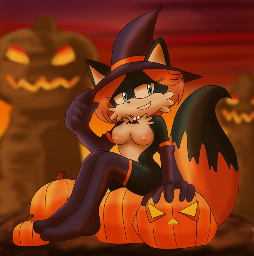 breasts cross_legged halloween jack-o'-lantern pumpkin rio_the_fox sega sitting_on_pumpkin sonic_(series) sonic_fan_character sonic_fancharacter sonic_oc