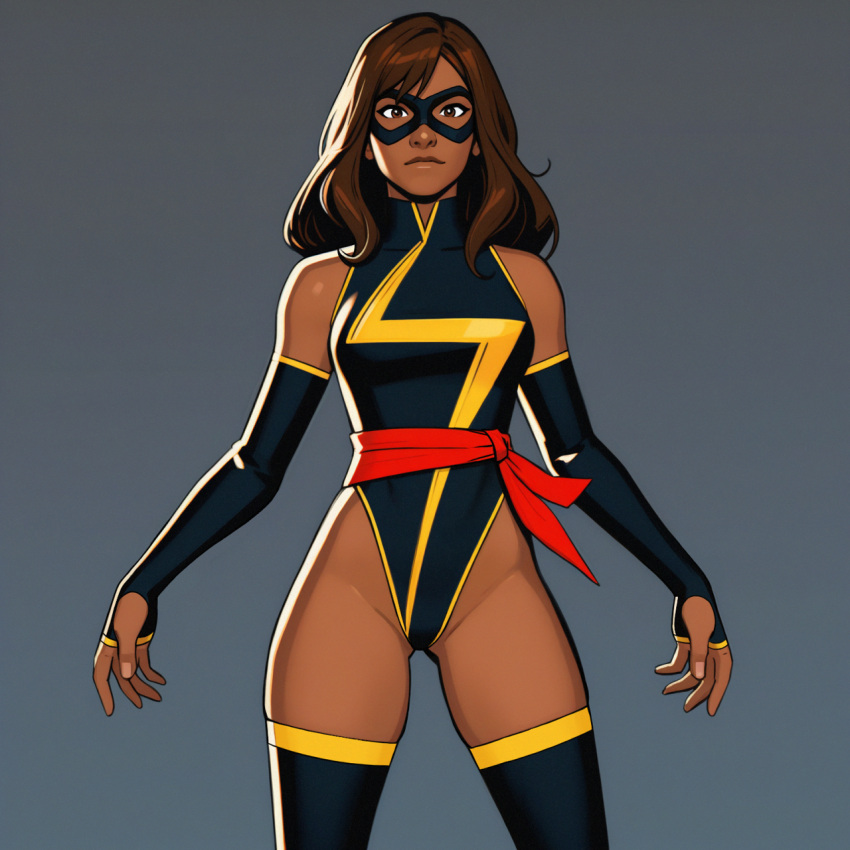 ai_generated armwear brown_hair dark-skinned_female kamala_khan long_hair marvel mask masked_female ms._marvel muslim_female older older_female one-piece_swimsuit pakistani_female sash stockings superheroine young_adult young_adult_female young_adult_woman