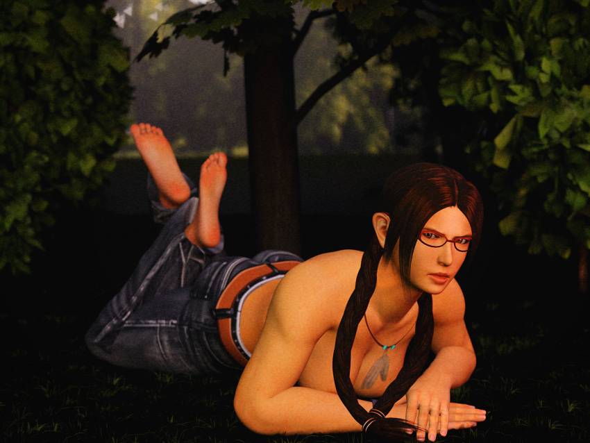 1girl 3d ass bangs barefoot big_breasts blender braid brown_eyes brown_hair cleavage feet forsavide glasses jeans julia_chang looking_at_viewer lying lying_on_stomach namco soles tekken tekken_4 the_pose toes topless