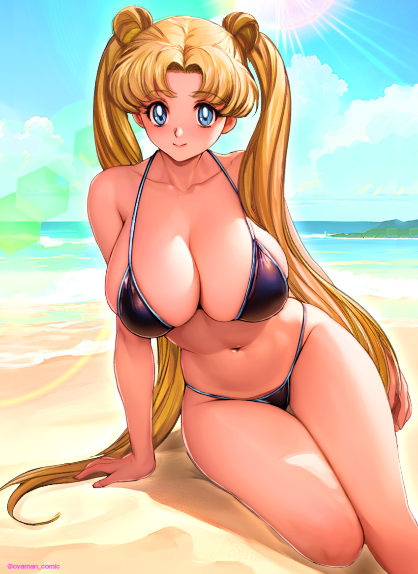 1girl 1girl alluring arm_support artist_name bare_arms bare_shoulders beach big_breasts bikini bishoujo_senshi_sailor_moon black_bikini blonde_hair blue_eyes blue_sky cleavage closed_mouth cloud cloudy_sky collarbone commentary_request day double_bun hair_bun high_res highleg highleg_bikini lips long_hair looking_at_viewer navel ocean outside oyaman sand simple_background sitting sky smile stomach sunlight swimsuit thighs tsukino_usagi twin_tails usagi_tsukino water