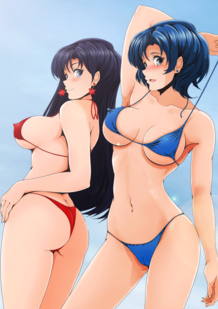 1girl 2_girls alluring ami_mizuno ass bare_legs big_breasts big_breasts bikini bishoujo_senshi_sailor_moon black_hair blue_hair blush bubble_butt cameltoe earrings erect_nipples female_only long_hair multiple_girls nanashi_noiji rei_hino short_hair small_breasts swimsuit undressing