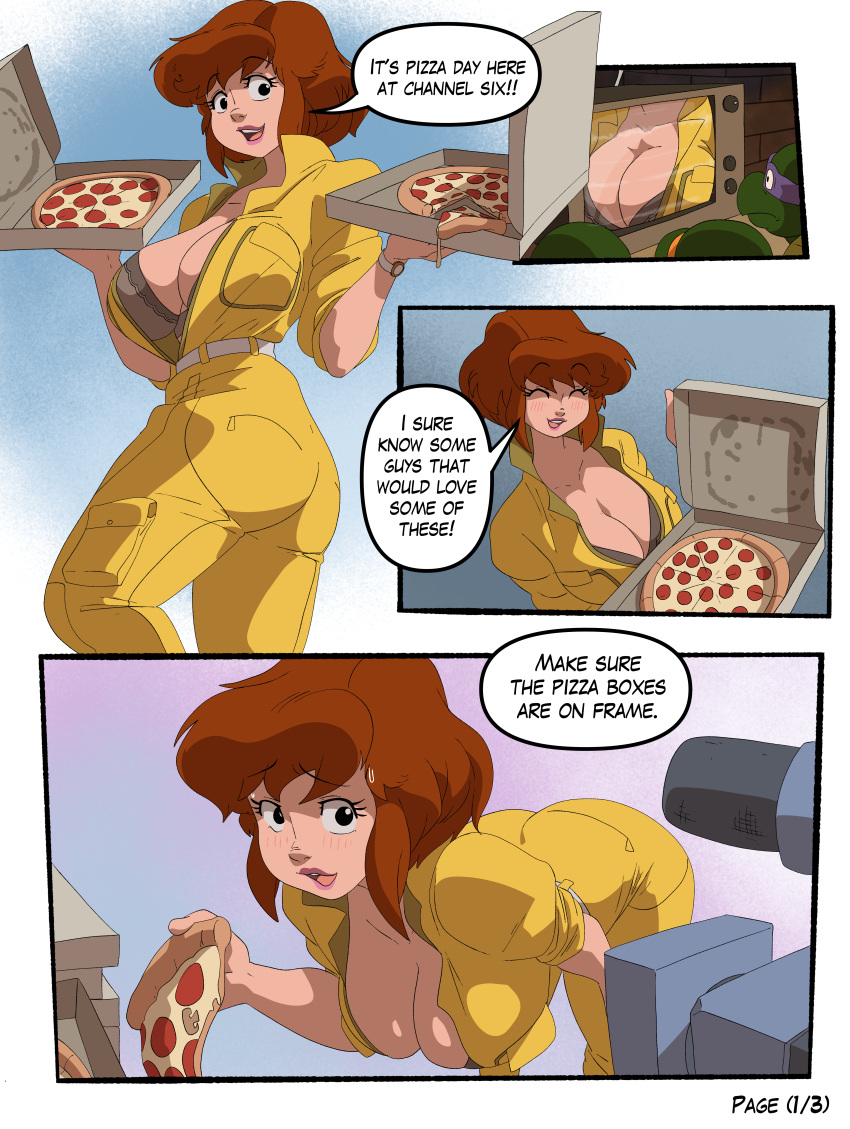 1girl april_o'neil april_o'neil_(tmnt_1987) big_breasts bra breasts brown_hair cleavage clothing comic coolerinker electronics english_text female_focus human inker_comics inkershike jumpsuit page_1 page_number pale_skin teenage_mutant_ninja_turtles television thick_thighs tmnt_1987 unzipped_bodysuit wide_hips wristwear