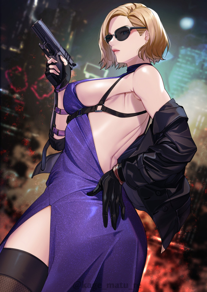 1girl 1girl absurd_res alluring ass bare_shoulders black_gloves black_jacket blonde_hair cocktail_dress cowboy_shot cup death_by_degrees dress fingerless_gloves from_behind gloves high_res holding holding_cup jacket kage_matu_re looking_at_viewer medium_breasts namco nina_williams off_shoulder purple_dress short_hair silf single_fingerless_glove tekken tekken_1 tekken_2 tekken_3 tekken_4 tekken_5_dark_resurrection tekken_6_bloodline_rebellion tekken_7 tekken_8 tekken_blood_vengeance tekken_tag_tournament tekken_tag_tournament_2