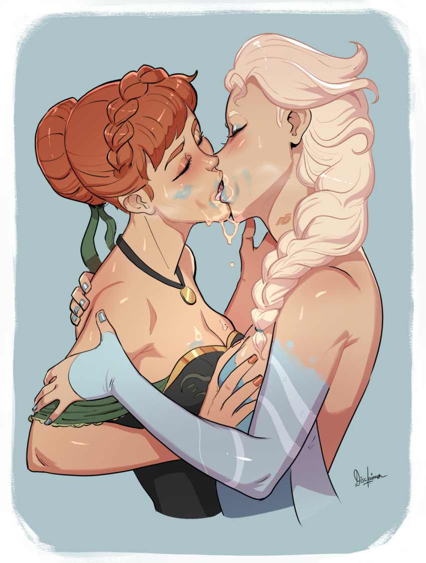 2_girls anna_(frozen) blonde_hair braid brown_hair closed_eyes couple disney duo elsa_(frozen) frozen_(movie) incest jewelry kissing long_hair love multiple_girls mutual_yuri neck necklace sisters yuri