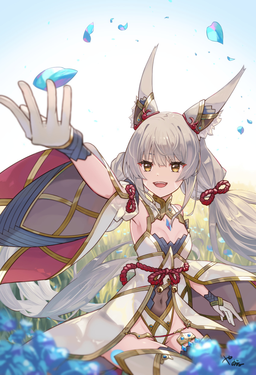 1girl alluring animal_ears cat_ears chest_jewel cleavage core_crystal_(xenoblade) facial_mark grey_hair high_res highleg highleg_leotard leotard long_hair low_twintails nia nia_(blade)_(xenoblade) nia_(xenoblade) small_breasts twin_tails very_long_hair xenoblade_(series) xenoblade_chronicles_2 yanagimachi yellow_eyes