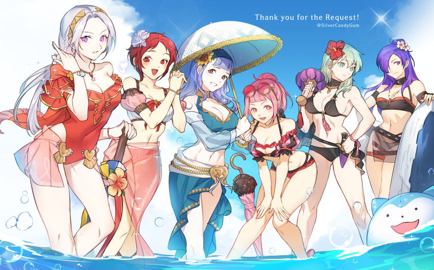 6+girls alluring bare_shoulders bikini black_bikini blue_bikini blue_hair blue_sky breasts byleth_(female)_(fire_emblem) byleth_(fire_emblem)_(female) byleth_(summer)_(fire_emblem)_(female) cleavage collarbone commentary covered_erect_nipples day edelgard_von_hresvelg edelgard_von_hresvelg_(summer) english_commentary eyewear_on_head fire_emblem fire_emblem:_three_houses fire_emblem_engage fire_emblem_heroes fire_emblem_warriors:_three_hopes flower forehead green_hair grey_hair hair_over_one_eye high_res hilda_valentine_goneril hilda_valentine_goneril_(summer) leaning_forward long_hair marianne_von_edmund marianne_von_edmund_(summer) monica_von_ochs multiple_girls navel nintendo off-shoulder_bikini off_shoulder official_alternate_costume official_alternate_hairstyle one-piece_swimsuit own_hands_together pink_hair puffy_short_sleeves puffy_sleeves purple_eyes purple_hair red_flower red_hair red_one-piece_swimsuit revision round_eyewear sarong shez_(fire_emblem) shez_(fire_emblem)_(female) shez_(summer)_(fire_emblem) short_sleeves silvercandy_gum sky sommie_(fire_emblem) standing stomach sunglasses swimsuit thighs water