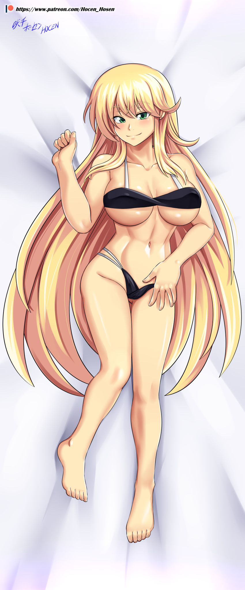 1girl alluring artist_name athletic_female bare_legs barefoot big_breasts bikini blonde_hair dakimakura female_abs fit_female green_eyes hocen katsuragi_(senran_kagura) senran_kagura