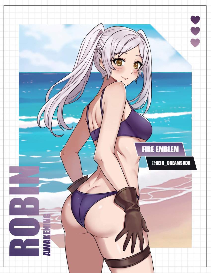 1girl alluring ass bikini female_only fire_emblem fire_emblem_awakening fire_emblem_heroes nintendo olive_eyes pin_up rein_creamsoda robin_(fire_emblem) robin_(fire_emblem)_(female) robin_(summer)_(fire_emblem)_(female) sideboob silver_hair