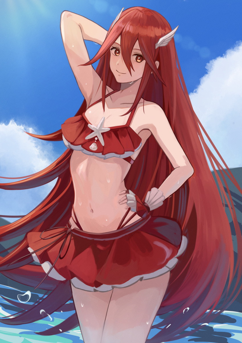 1girl 1girl alluring bikini bikini_skirt blue_sky closed_mouth cloud collarbone commentary_request cordelia_(fire_emblem) cordelia_(knight_paradise)_(fire_emblem) fire_emblem fire_emblem_awakening fire_emblem_heroes gloves hair_between_eyes hair_ornament high_res labebebe_lee long_hair looking_at_viewer navel nintendo ocean official_alternate_costume outside red_bikini red_eyes red_gloves red_hair red_skirt skirt sky small_breasts smile stomach sunlight swimsuit very_long_hair water wet wing_hair_ornament