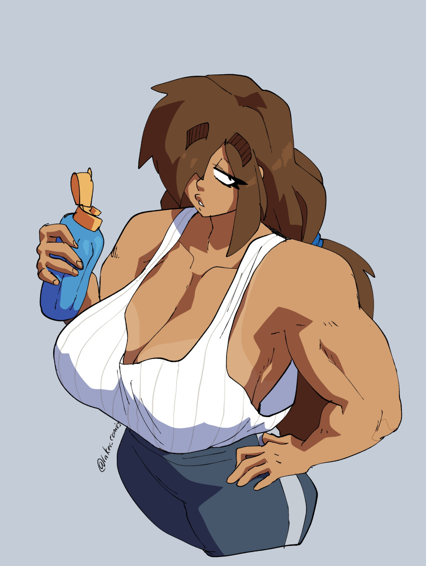 big_breasts brown_hair coolerinker dark_skin eyelashes hand_on_hip high_res inker_comics inkershike liz_(inkershike) long_hair muscular_female original original_character ponytail simple_background slim_waist sportswear tan_line tanktop