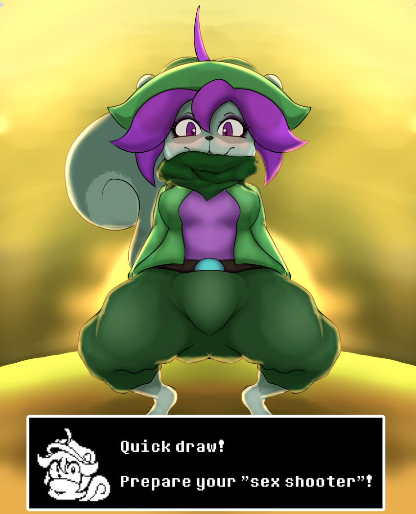 1girl 2024 absurd_res amamizu_sl anthro ass_visible_through_thighs big_tail blush clothing crotch_focus dialogue english_text eyeshadow faint_blush handkerchief hat high_res legs_spread looking_at_viewer mammal mooch_(undertale_yellow) purple_eyes purple_eyeshadow purple_hair rodent sciurid short_hair squatting squirrel tail teal_fur text text_box undertale_(series) undertale_yellow