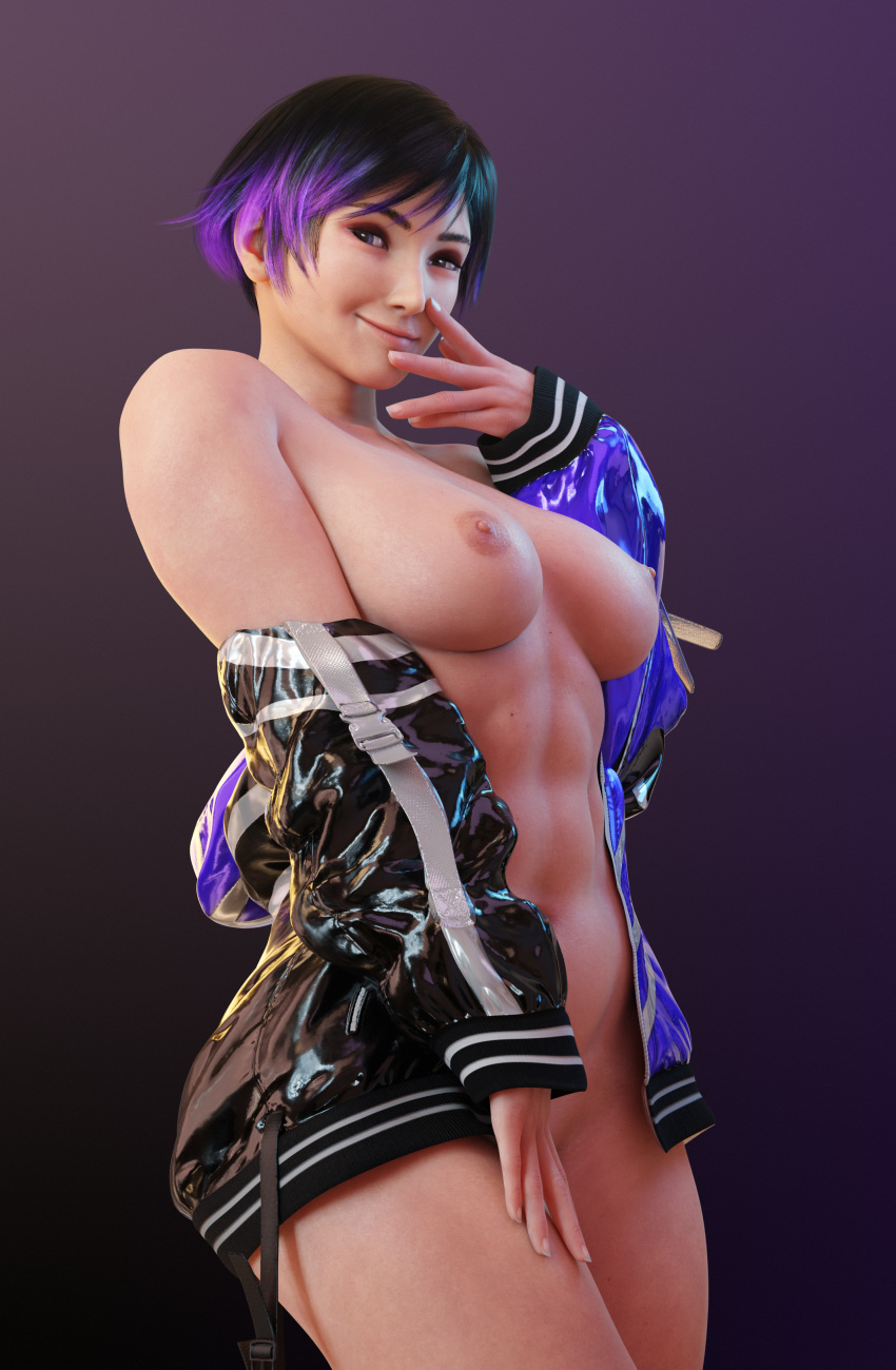 1girl 1girl 3d abs alluring asian asian_female athletic_female batesz big_breasts big_breasts big_breasts black_and_purple_hair dark_hair female_abs fit fit_female jacket multicolored_hair namco nipples purple_hair reina_(tekken) short_hair tekken tekken_8 thick thick_thighs thighs tomboy toned toned_female