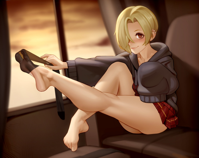 1girl barefoot feet idolmaster idolmaster kyle_(kairunoburogu) looking_at_viewer removing_legwear shirase_sakuya