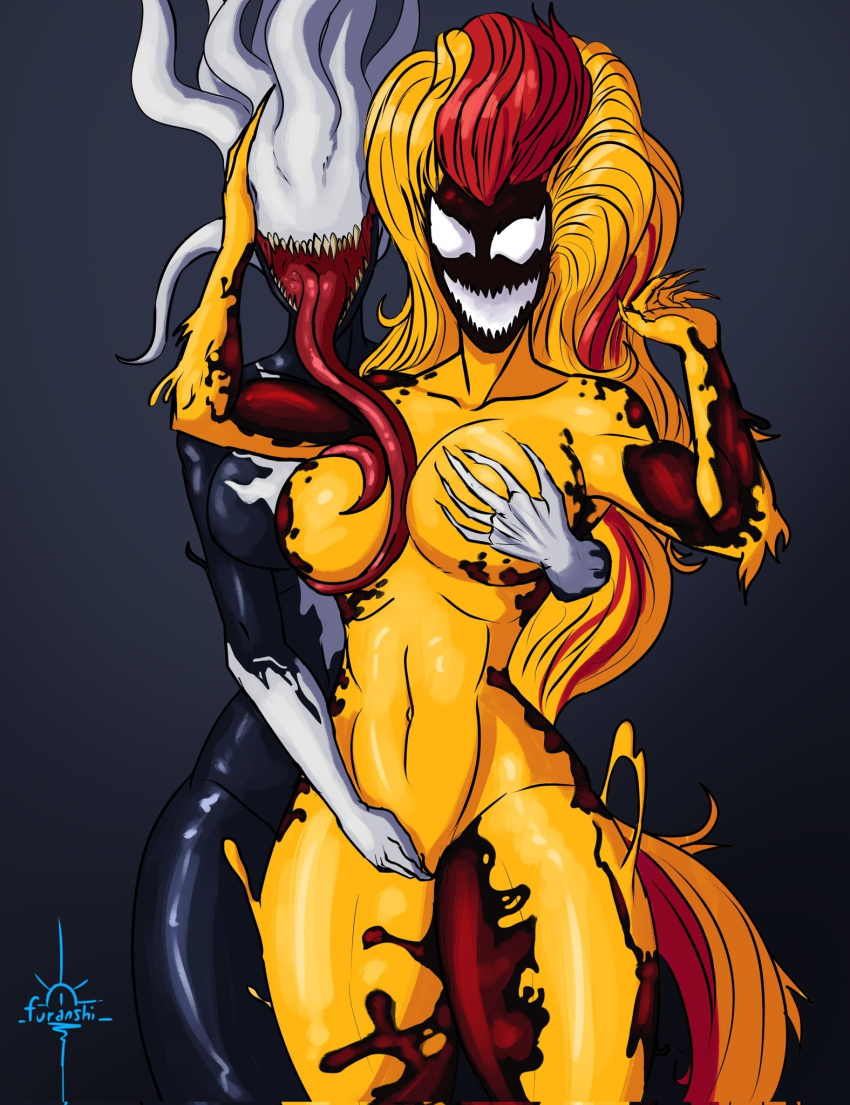 2024 2_girls alien big_breasts black_cat_(marvel) black_cat_(web_of_shadows) breasts curvy donna_diego eyeless felicia_hardy female_only furanshi hand_on_breast hand_on_head hand_on_pussy high_res long_hair long_tongue looking_at_viewer marvel marvel_comics multicolored_body multicolored_hair multiple_girls navel open_mouth scream_(spider-man) sharp_claws sharp_teeth she-venom spider-man:_web_of_shadows spider-man_(series) symbiote tendrils tentacle_hair tongue tongue_around_breast tongue_out tongue_wrap very_long_hair very_long_tongue white_eyes