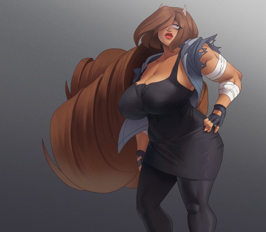 bandaged_arm big_breasts brown_hair coolerinker dark-skinned_female dark_skin extremely_long_hair eyelashes fingerless_gloves gloves hand_on_hip high_res horns inker_comics inkershike leggings liz_(inkershike) long_hair muscular_female original original_character simple_background slim_waist thick_lips voluptuous wide_hips