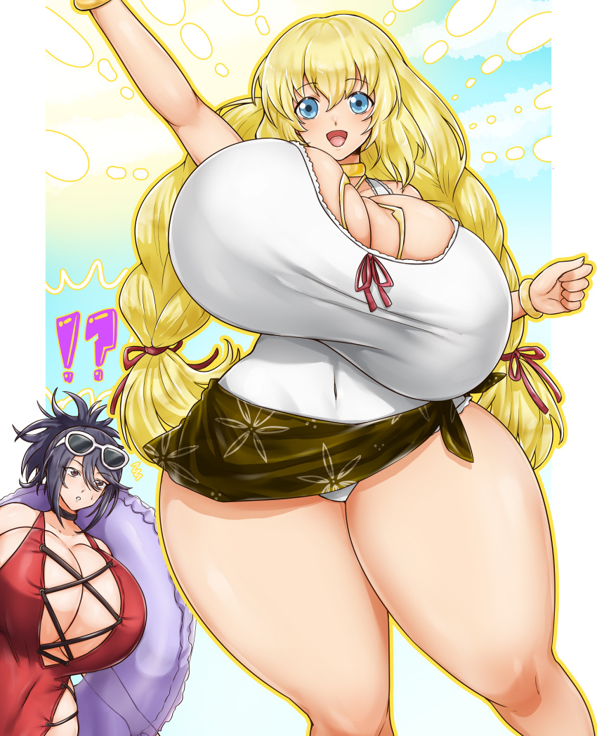 2_girls alternate_breast_size big_breasts black_hair blonde_hair blue_eyes breasts cleavage colette_brunel enormous_breasts fujibayashi_sheena gigantic_breasts happy hips huge_breasts huge_hips huge_thighs long_hair looking_at_viewer massive_breasts sheena_fujibayashi tales tales_of_(series) tales_of_symphonia thick_thighs thighs wide_hips