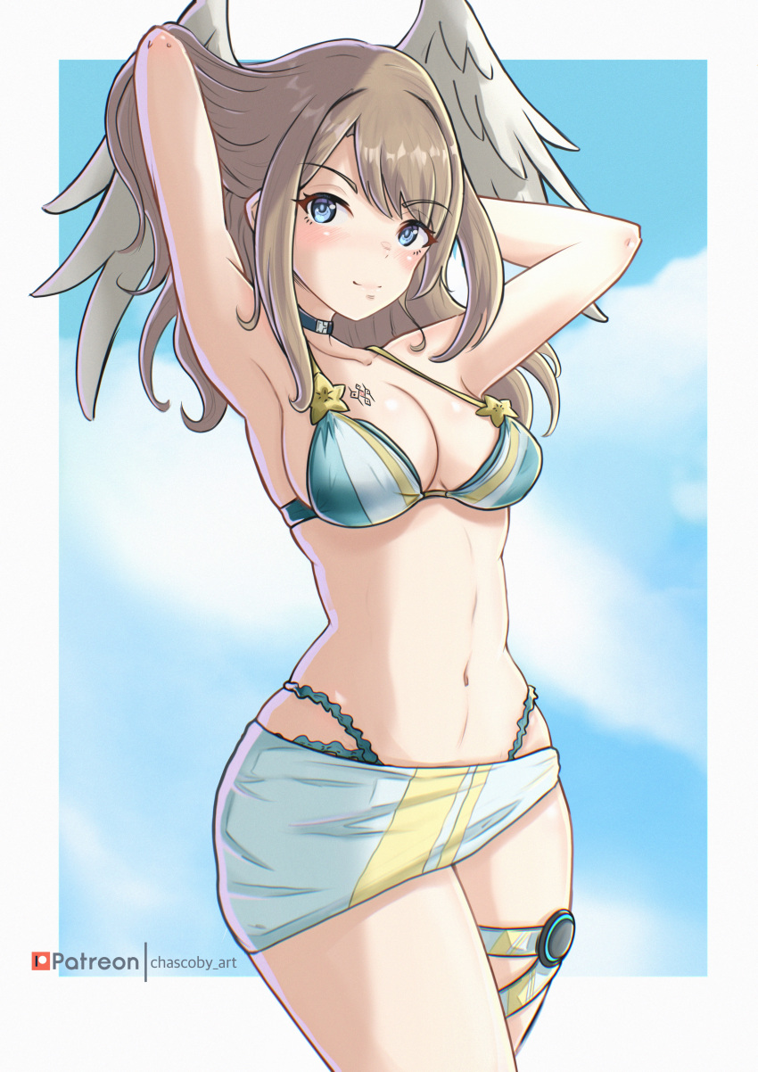 1girl 1girl absurd_res alluring arms_up artist_name bikini blue_eyes breast_tattoo brown_hair chascoby cleavage eunie_(xenoblade) head_wings high_res looking_at_viewer navel official_alternate_costume patreon_logo patreon_username sarong smile stomach swimsuit tattoo wings xenoblade_(series) xenoblade_chronicles_3