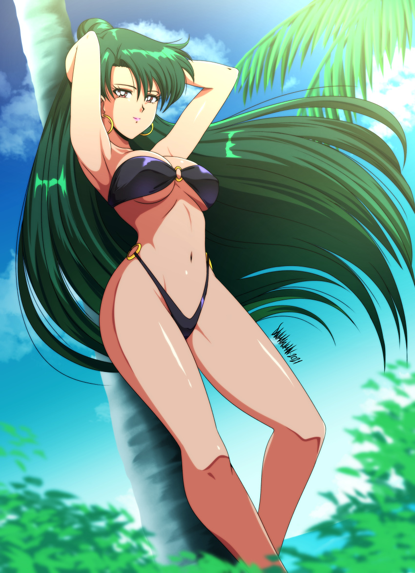 1girl 1girl 1girl alluring beach bikini bishoujo_senshi_sailor_moon danmakuman earrings female_only green_hair hands_behind_head leaning medium_breasts palm_tree sailor_pluto setsuna_meiou swimsuit