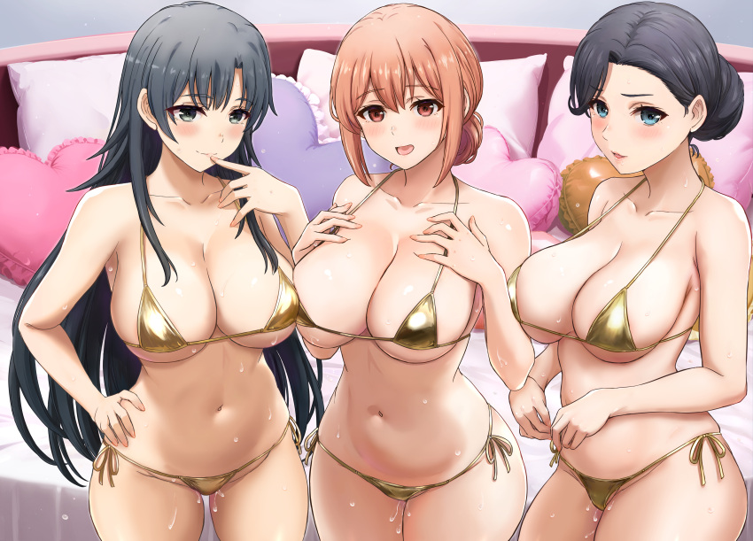 3_girls absurd_res alluring alternate_costume bed big_breasts bikini black_eyes black_hair blue_eyes blush cleavage closed_mouth collarbone comiket_104 commentary_request cover cover_page cowboy_shot doujin_cover finger_to_mouth gold_bikini groin hair_bun halterneck hand_on_own_hip hands_on_own_chest heart heart-shaped_pillow high_res hiratsuka_shizuka inanaki_shiki lips long_hair looking_at_viewer matching_outfits mature_female micro_bikini milf milfs multiple_girls navel open_mouth orange_eyes orange_hair parted_lips pillow pink_pillow shiny_swimsuit shizuka_hiratsuka short_hair side-tie_bikini_bottom sideboob smile standing stomach string_bikini swimsuit three_quarter_view very_long_hair wet yahari_ore_no_seishun_lovecome_wa_machigatteiru. yuigahama_yui's_mother yukinoshita_yukino's_mother