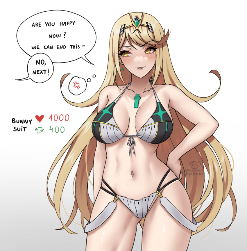 1girl adapted_costume alluring bare_shoulders big_breasts bikini blonde_hair blush core_crystal_(xenoblade) earrings english_text headpiece jewelry long_hair meme mythra nintendo ryuuneart swept_bangs swimsuit tiara twitter_strip_game_(meme) very_long_hair xenoblade_(series) xenoblade_chronicles_2 yellow_eyes