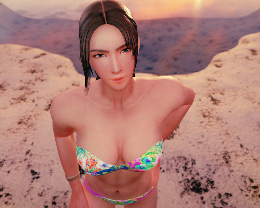 1girl 3d athletic_female big_breasts bikini braided_hair brown_eyes brown_hair cleavage clothing forsavide julia_chang namco tekken tekken_7 twin_braids