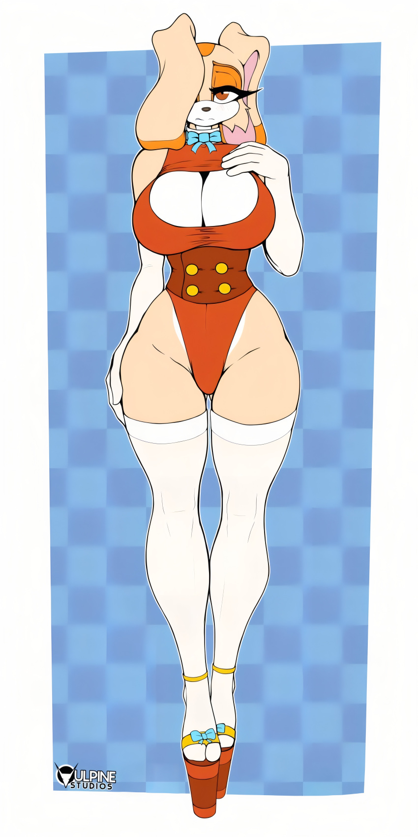 1girl big_ass big_breasts bikini brown_skin cream_the_rabbit cute gloves long_ears platform_shoes posing rabbit red_swimsuit seductive sega sonic_(series) tailsrulz thighs white_skin