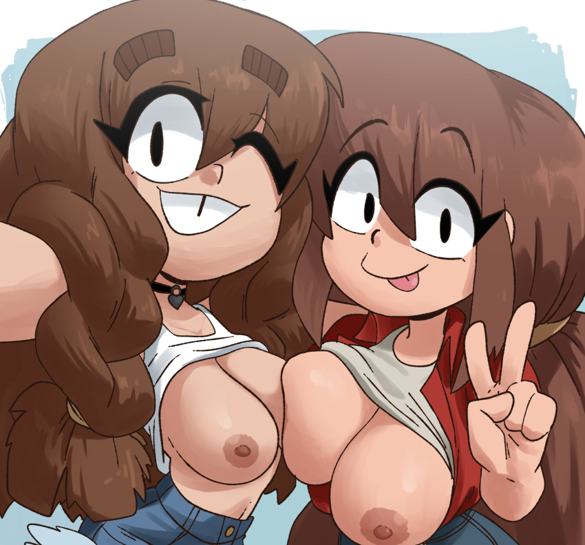 2_girls areola big_breasts big_breasts brown_hair clothed_female coolerinker dan_(inker_comics) happy inker_comics inkershike mona_(inker_comics) multiple_girls necklace nipples original_character shirt_lift smile tongue_out yuri