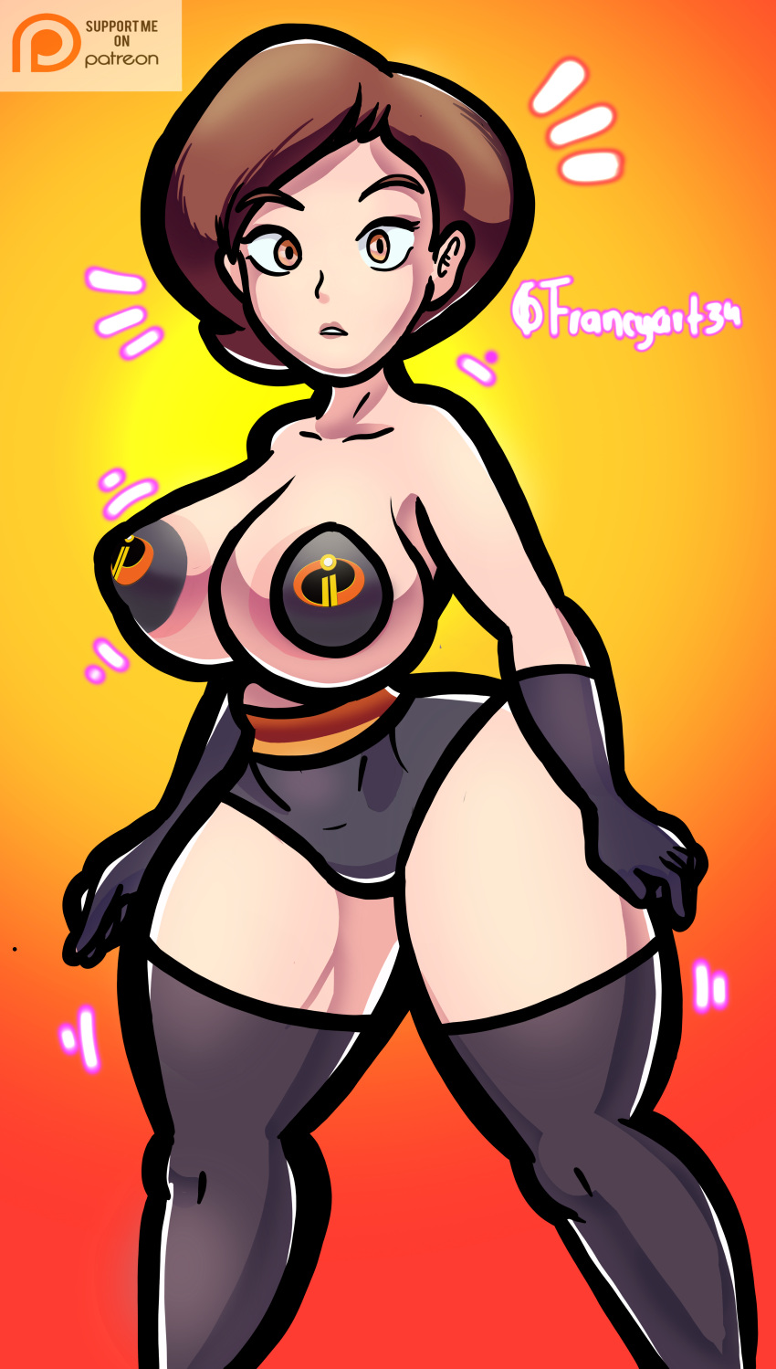 1girl 1girl 1girls big_breasts black_panties brown_eyes brown_hair disney elastigirl female_only francyart34 helen_parr hourglass_figure huge_breasts panties pasties pixar revealing_clothes smooth_skin stockings superheroine tagme the_incredibles thick_thighs topless two-tone_panties two_tone_panties wide_hips