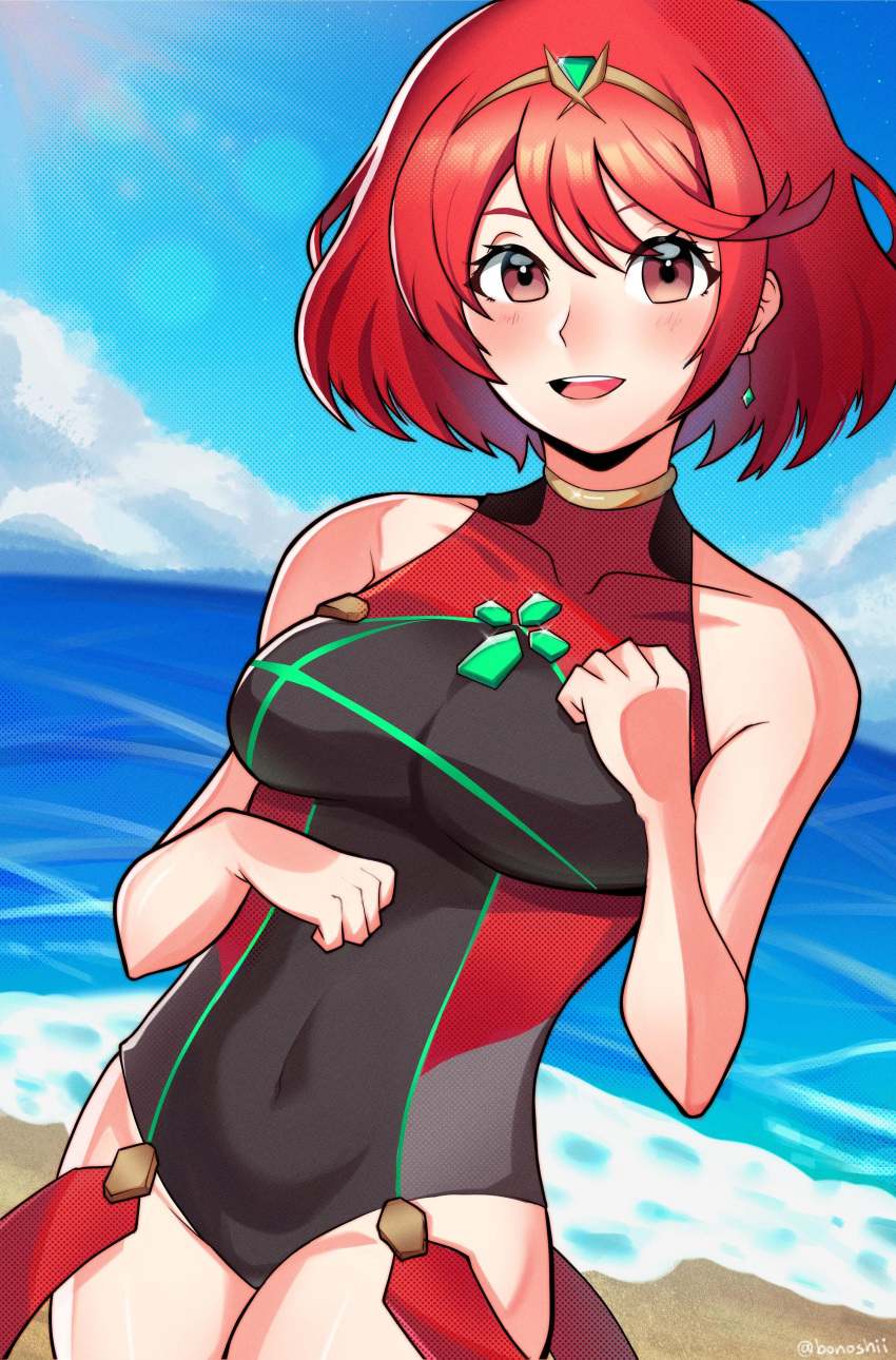 1girl 1girl absurd_res alluring beach bikini bonoshii brenguyeno high_res medium_breasts milf one-piece_bikini open_mouth pyra pyra_(pro_swimmer)_(xenoblade) red_eyes red_hair swimsuit thighs water xenoblade_(series) xenoblade_chronicles_2