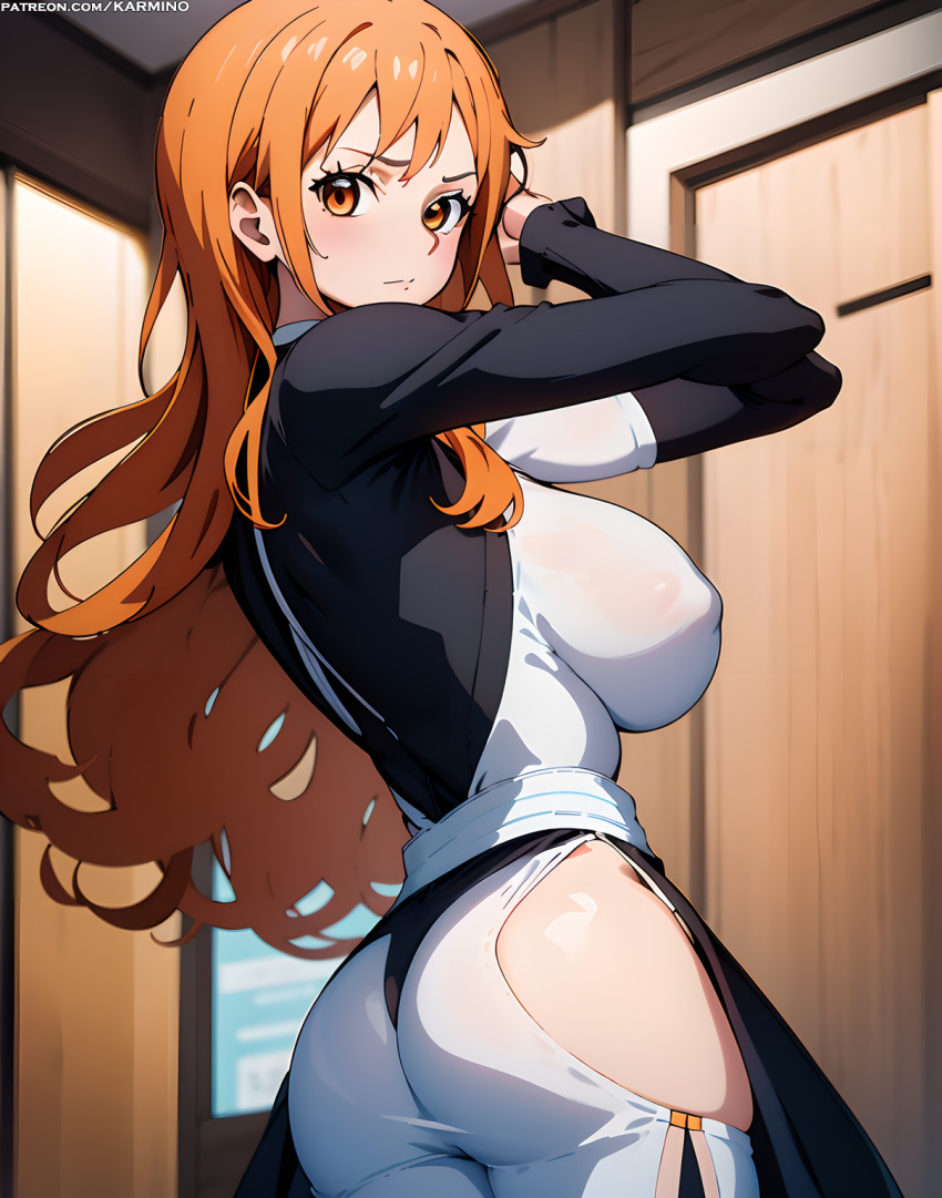 1girl 1girl 1girl arms_up ass bangs big_breasts blush breasts brown_eyes closed_mouth clothing dress female_only from_behind indoors long_hair long_sleeves looking_at_viewer looking_back nami_(one_piece) one_piece orange_eyes orange_hair pants shiny shirt sideboob skindentation standing thick_thighs thighs white_dress